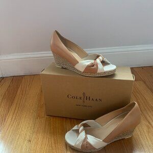 Cole Haan Women's Peep Toe Wedge Espadrilles in Sandstone & White Leather-7.5